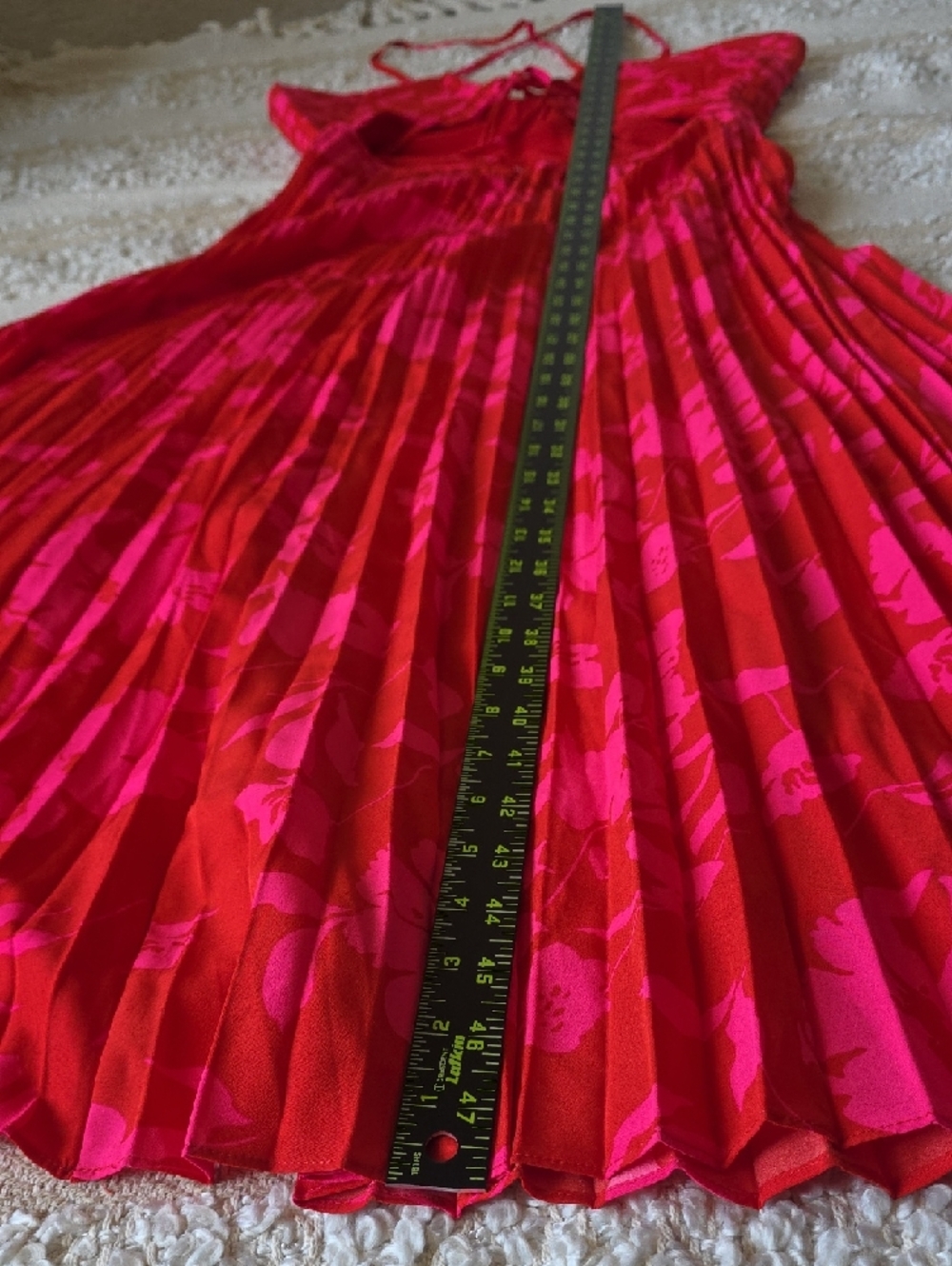 Lulu's Vibrant Lace Zip Red & Pink Floral Pleated Midi Dress Medium - Picture 7 of 8